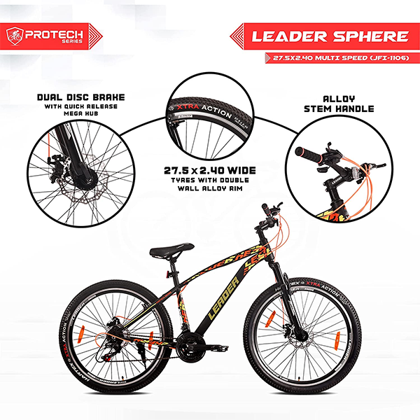 Leader Sphere 27.5T 21 Speed MTB Cycle,Free Pan India Installation,Dual Disc Brake and Front Suspension Ideal for 12+ Years