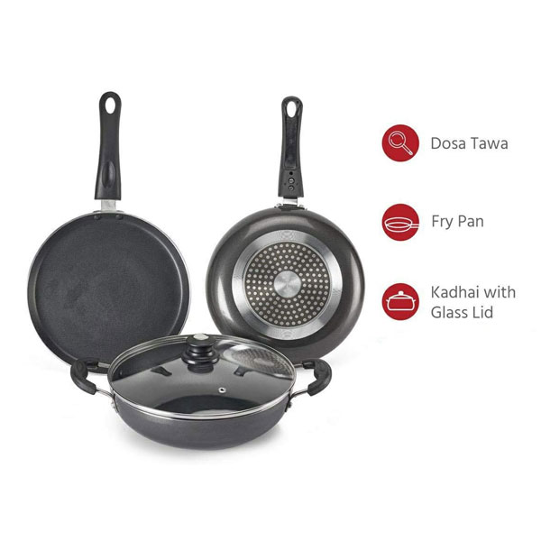 Lifelong ( LLCK18) Popular Non-Stick 3Pcs Grey Cookware Set with Induction and Gas Compatible