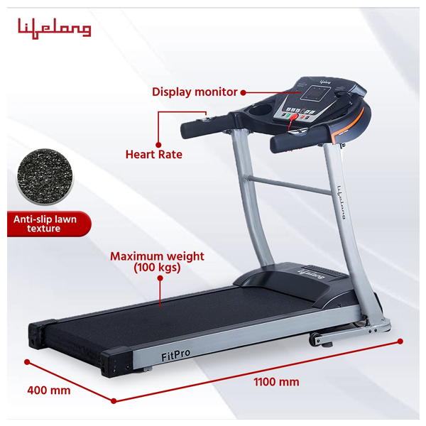 Lifelong FitPro LLTM09 (2.5 HP Peak) Manual Incline Motorized Treadmill for Home with 12 preset Workouts, Max Speed 12km/hr