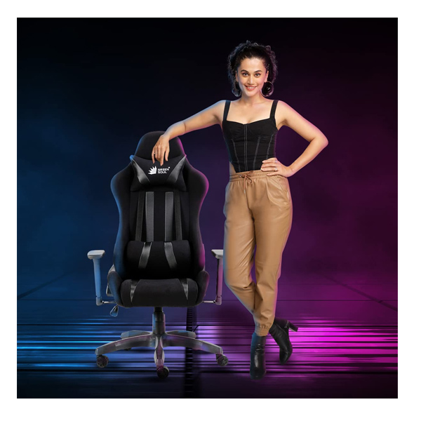 Green Soul ( Beast_FullBlack_GS600_132) Racing Edition Ergonomic Gaming Chair with Premium Fabric & PU Leather, Adjustable Neck & Lumbar Pillow, 3D Adjustable Armrests & Strong Nylon Base (Full Black)