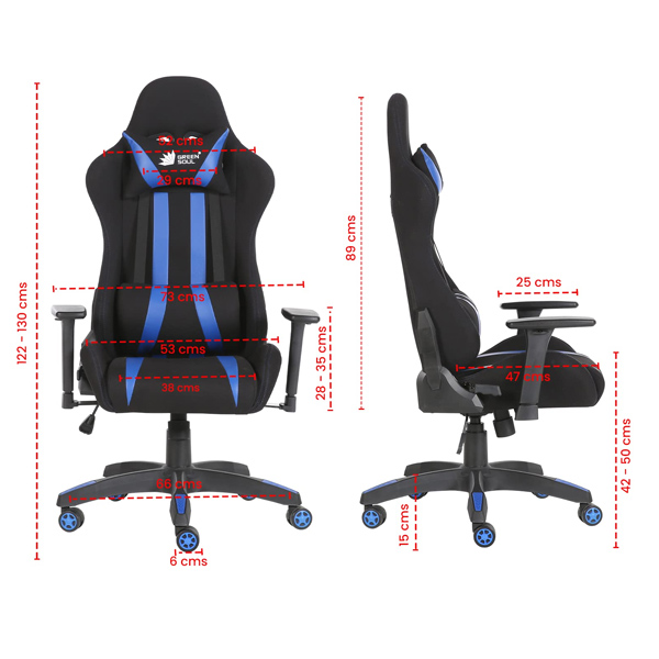 Refurbished Green Soul ( Beast_BlackBlue_GS600) Racing Edition Ergonomic Gaming Chair with Premium Fabric & PU Leather, Adjustable Neck & Lumbar Pillow, 3D Adjustable Armrests & Strong Nylon Base (Black & Blue)