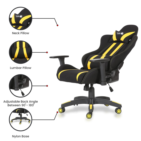 Refurbished Green Soul ( Beast_BlackYellow_GS600) Racing Edition Ergonomic Gaming Chair with Premium Fabric & PU Leather, Adjustable Neck & Lumbar Pillow, 3D Adjustable Armrests & Strong Nylon Base (Black & Yellow)