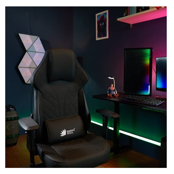 Refurbished Green Soul ( Glance_FullBlack_GS350) Multi-Functional Ergonomic Gaming Chair, Premium Leatherette Chair with Best in Class Comfort, Adjustable Neck & Lumbar Pillow, 4D Adjustable Armrests & Heavy Duty Metal Base (Full Black)