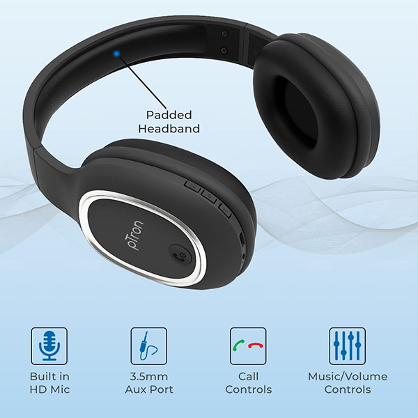Refurbished PTron Studio Over-Ear Bluetooth 5.0 Wireless Headphones with Mic (Black)