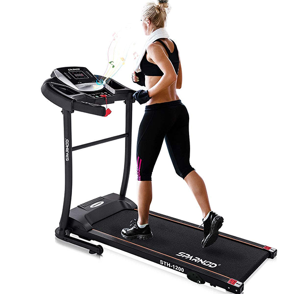 Sparnod Fitness STH-1200 (3 Hp Peak) Automatic Motorised Treadmill,Speed-12Km/Hr,Max User Weight 100 Kg,Foldable,Pulsee Rate Sensor,Music Speakers,Running Area 44x16Inch,1 Years