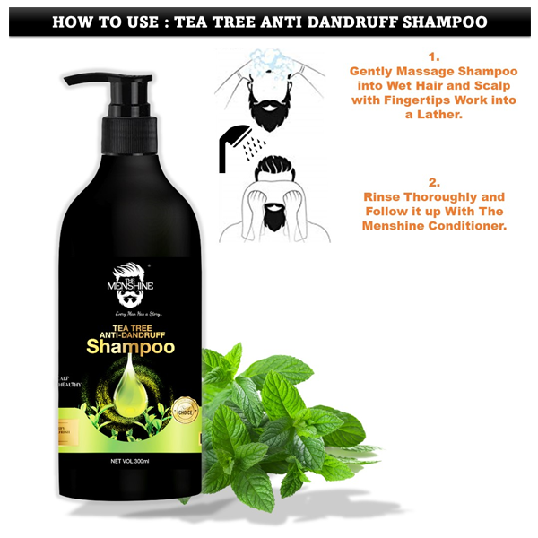 The MenShine Tea Tree Anti-Dandruff Shampoo, Green Tea - NO Sulphates, Parabens, Silicones, Color & PEG - 300 Ml, Rich In Natural Protein, Volumizes Hair, Dandruff Free Cleans Scalp