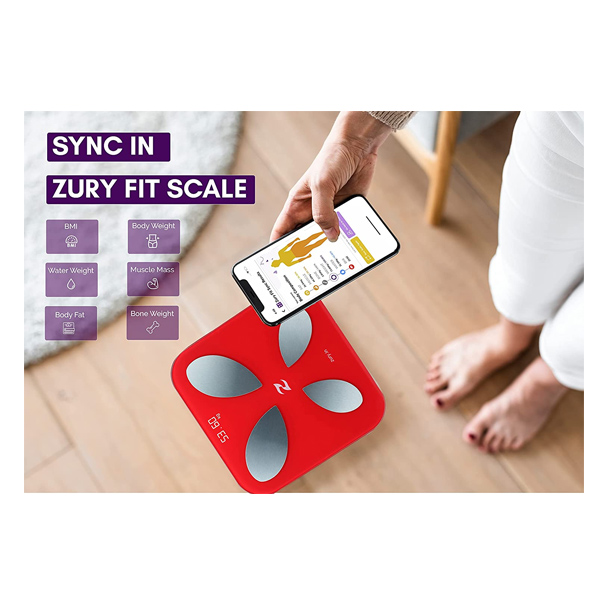 Zury Fit Body Scale with complete Digital Body Composition Monitor Including BMI, Skeletal Muscle, Protein, Fat. Body Fat Analyzer(RED)