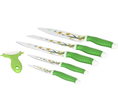 cosmosgalaxy i3387-c kitchen stainless steel ceramic coated knives with peeler, set of 6, green