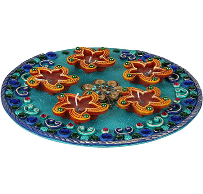 cosmosgalaxy i3278 handicraft decorative diwali diya pooja thali, blue and brown