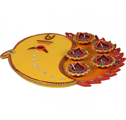 cosmosgalaxy i3280 handicraft decorative diwali diya pooja thali, brown and orange