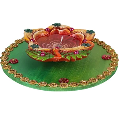 cosmosgalaxy i3286 handicraft thali terracotta table diya set, green and brown