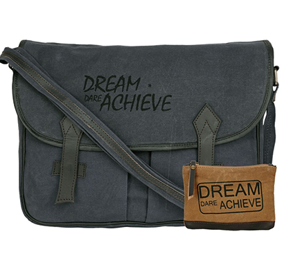 neudis - laptop2achieve, genuine leather & recycled stone washed canvas spacious laptop messanger bag - dream dare achieve - blue