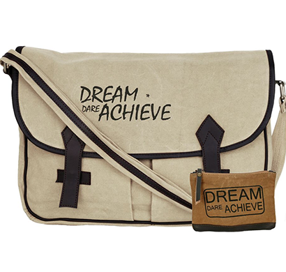 neudis - laptop2achieve, genuine leather & recycled stone washed canvas spacious laptop messanger bag - dream dare achieve - beige