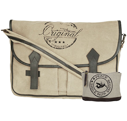 neudis - laptop2original, genuine leather & recycled stone washed canvas spacious laptop messanger bag - original - beige