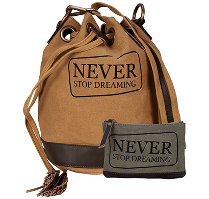 neudis - bucketdreaming, genuine leather & recycled stone washed canvas casual tassel bucket bag - never stop dreaming - brown