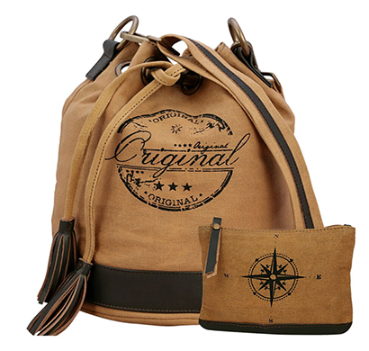 neudis - ucketoriginal, genuine leather & recycled stone washed canvas casual tassel bucket bag - original - brown