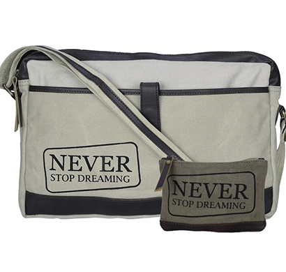 neudis - laptop1dreaming, genuine leather & recycled stone washed canvas sleek laptop messanger bag - never stop dreaming - beige