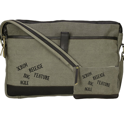 neudis - laptop1agile, genuine leather & recycled stone washed canvas sleek laptop messanger bag - scrum agile - green