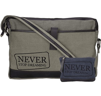 neudis - laptop1dreaming, genuine leather & recycled stone washed canvas sleek laptop messanger bag - never stop dreaming - green