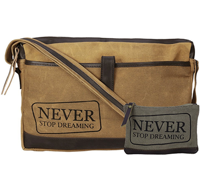 neudis - laptop1dreaming, genuine leather & recycled stone washed canvas sleek laptop messanger bag - never stop dreaming - brown