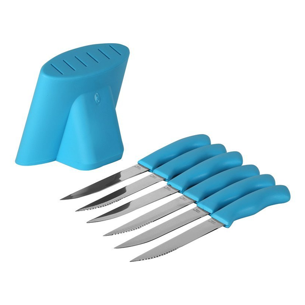 Cosmosgalaxy I3251-C Stainless Steel Kitchen Knife Set with Plastic Knife Holder, 7 Pieces, Blue