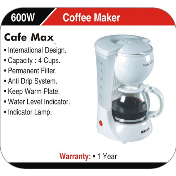 Inalsa - CafeMax, 600-Watt Coffee Maker, White, 1 Year Warranty
