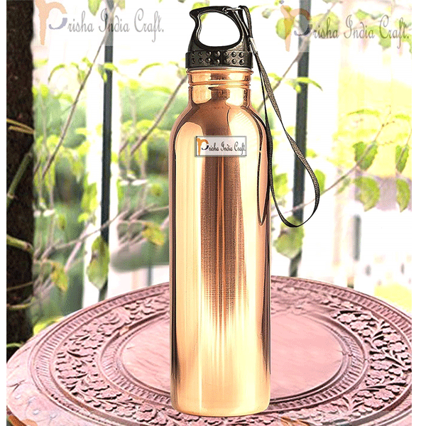 Prisha India Craft Pure Copper Water Bottle with Plastic Loop Cap Handmade Joint Free and Leak Proof Sports,Gym,Yoga Water Bottle/ Capacity 900 ML