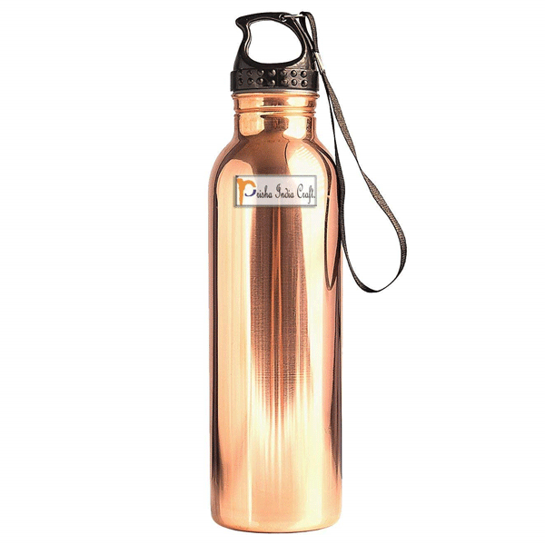 Prisha India Craft Pure Copper Water Bottle with Plastic Loop Cap Handmade Joint Free and Leak Proof Sports,Gym,Yoga Water Bottle/ Capacity 900 ML