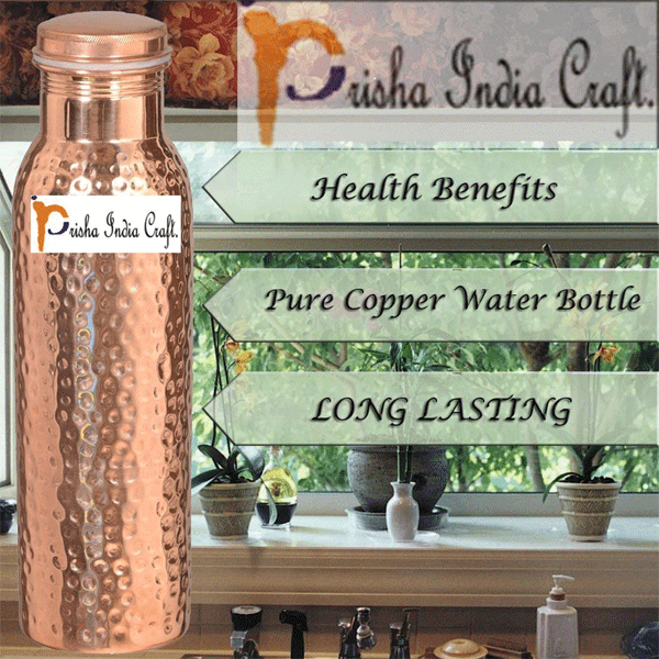 Prisha India Craft Traveller's Pure Copper Water Bottle Ayurveda Health Benefits - Bottle,Capacity 900 ML